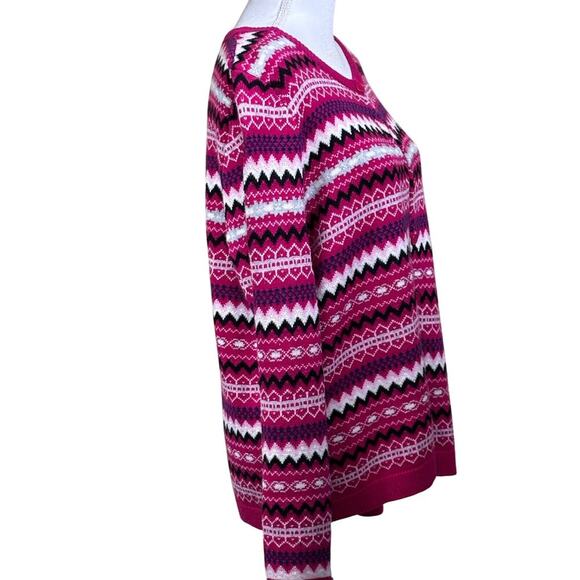 Talbots pink Fair Isle cardigan, LP, preppy, cottagecore, Nordic, cozy, bright - Picture 2 of 5
